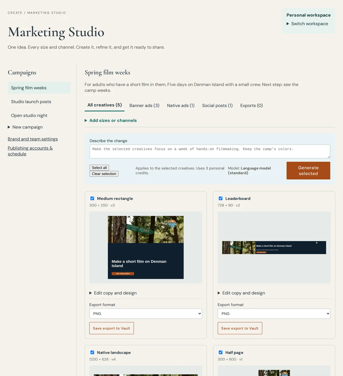 Marketing Lab with one sample campaign rendered as a medium rectangle, a leaderboard, a native ad, a half page and a square social post.