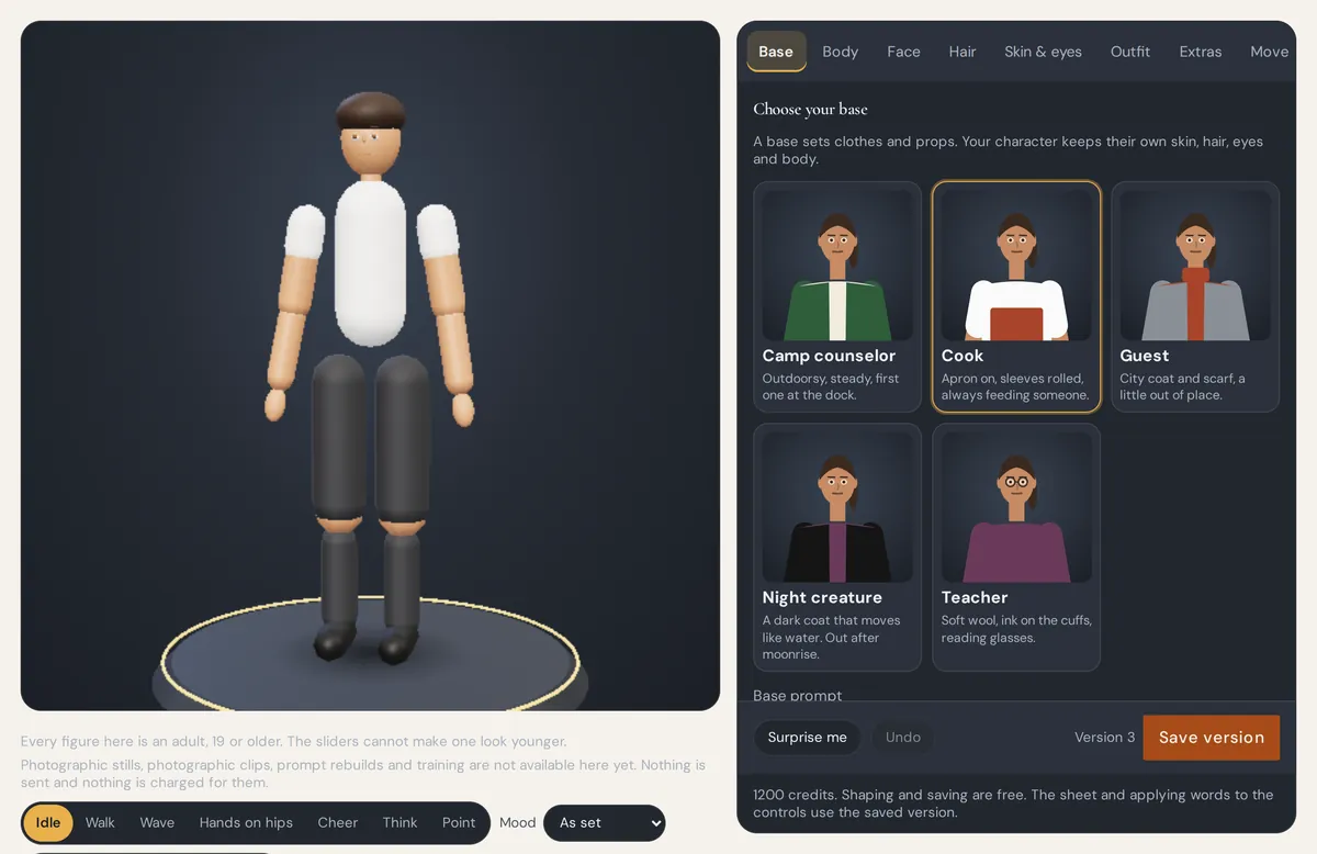 Character Lab showing a 3D character on a turntable, with tabs for body, face, hair, outfit and movement, and a choice of bases such as Cook and Teacher.