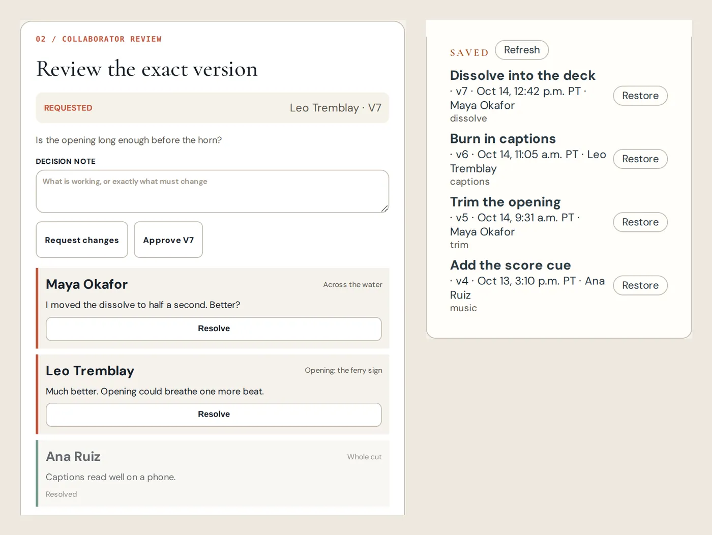 A review request on version 7 of a sample trailer, with comments from three collaborators pinned to shots, Approve and Request changes buttons, and saved versions listing who saved each one.