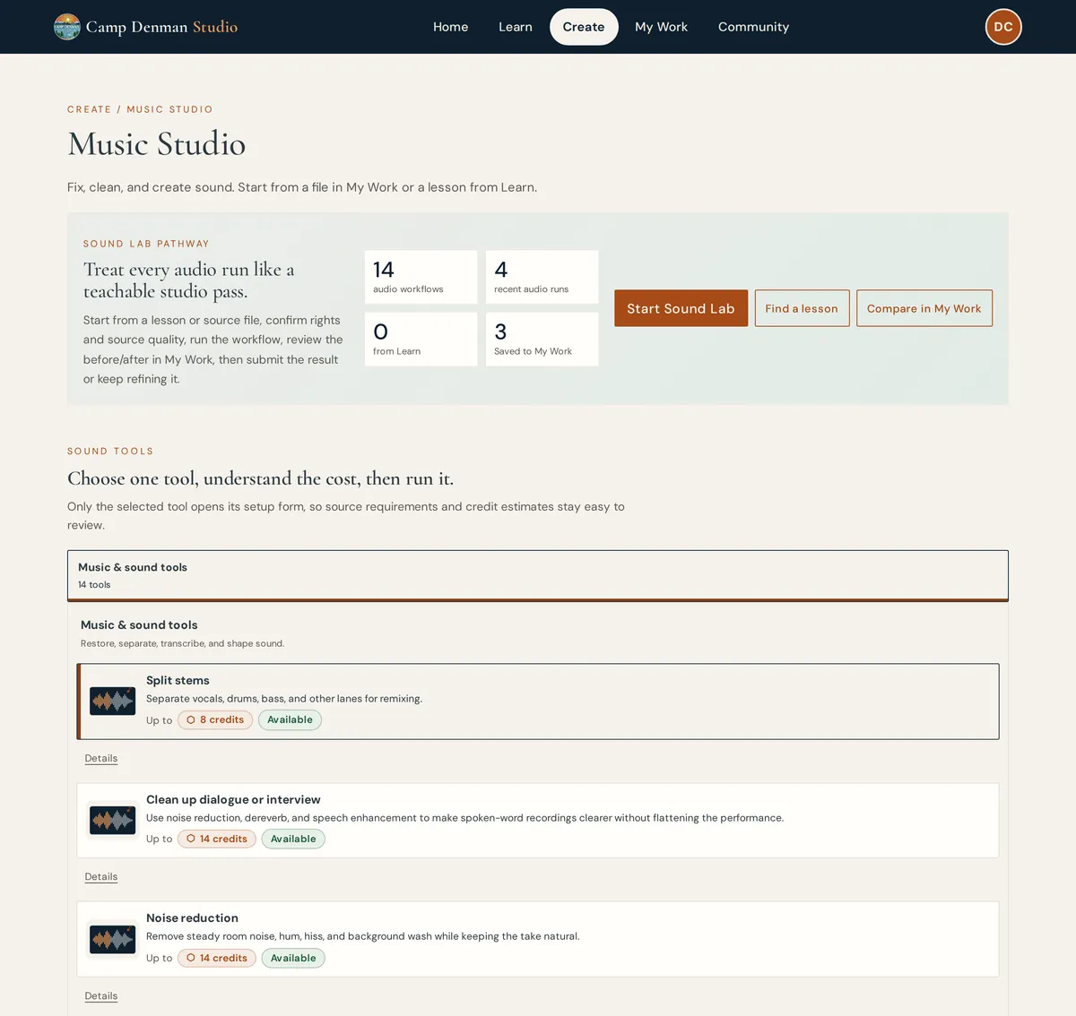 Music Lab listing sound tools such as Split stems, Clean up dialogue and Noise reduction, each with its credit cost.