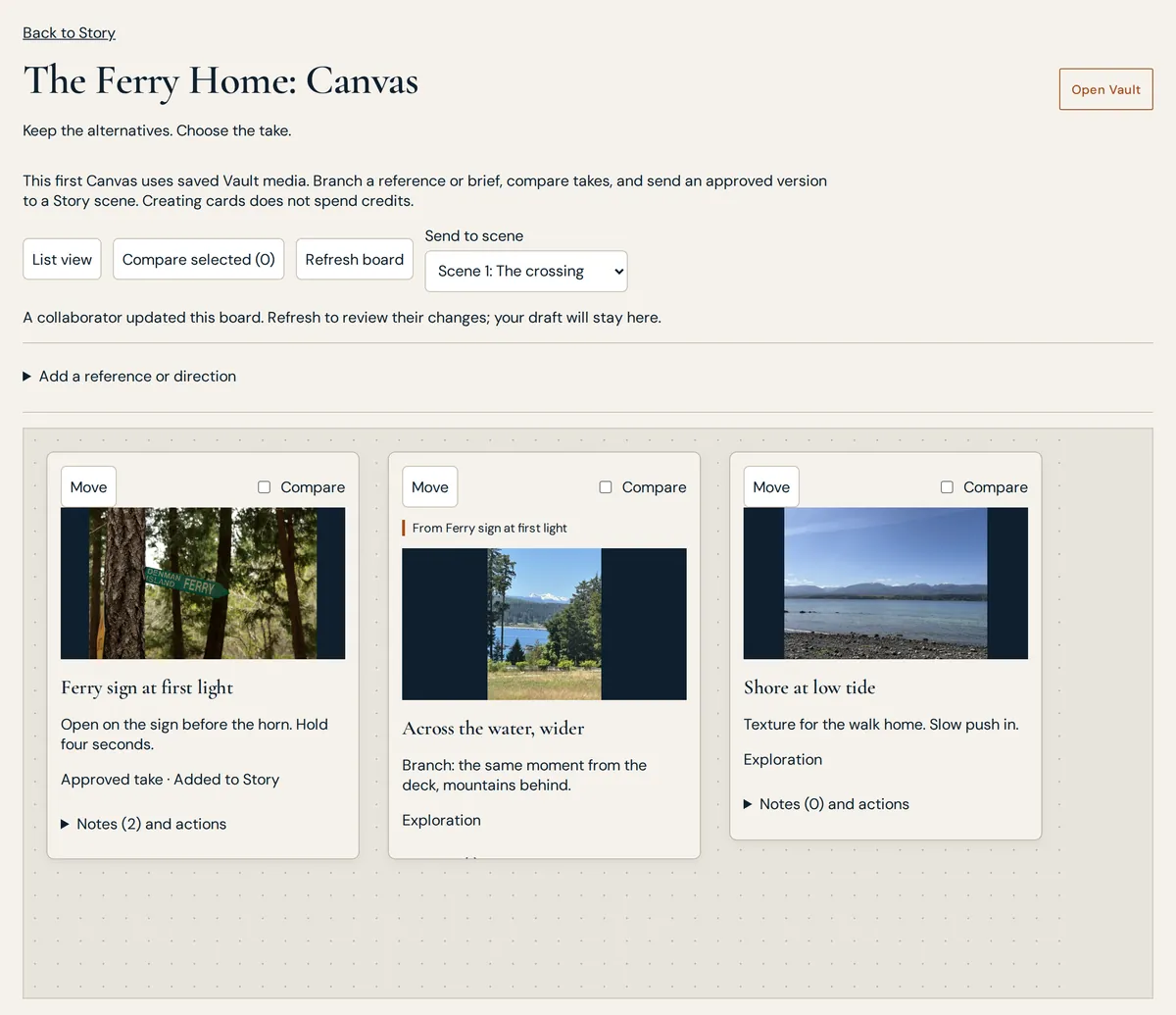 The Story Canvas for a sample film, The Ferry Home: three cards with island photographs, an approved take, a branch, and a notice that a collaborator updated the board.